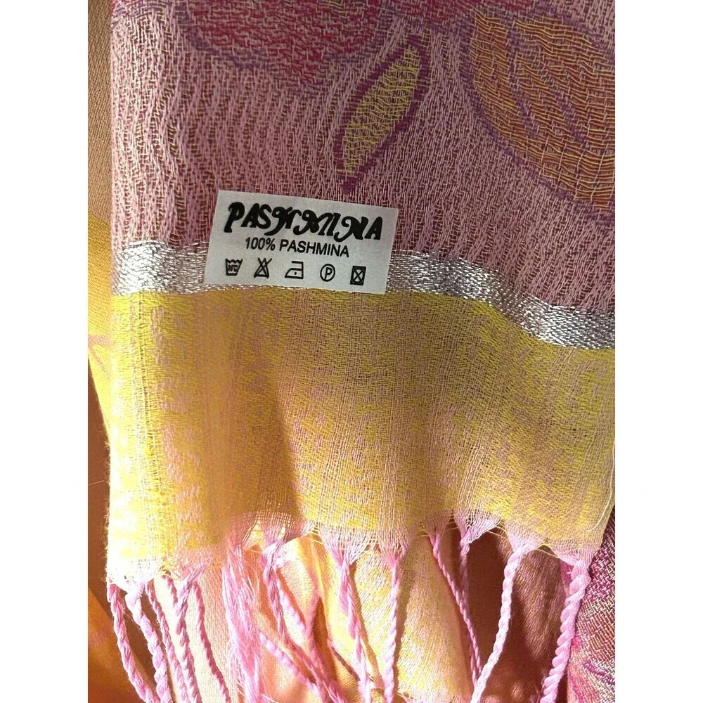 100% Pashmina Wrap Scarf Fringe Floral Print Metallic Thread Accents Preppy